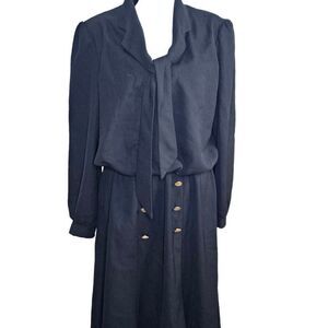 Vintage 70s Rich Miss Secretary Dress Womens Size L Black Blouson Pussy Bow Neck